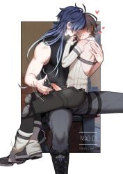 2boys blue_hair cum erection flins_(genshin_impact) fully_clothed gay genshin_impact gray_hair hoyoverse illuga_(genshin_impact) light-skinned_male light_skin long_hair mao_di penis sitting_on_lap sitting_on_person yaoi