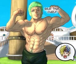 2boys abs absurd_res armpit_hair armpits arms_up blonde_hair blonde_hair blonde_hair_male blue_eyes bulge chest_scar daylight daytime ear_piercing earrings english_text flexing flexing_bicep green_clothing green_hair green_pubes green_pubic_hair grey_eyes large_pectorals male male/male male_only muscle muscles muscular muscular_arms muscular_male one_eye_closed one_eye_covered one_eye_obstructed one_piece pecs pectoral_focus pectorals pirate roronoa_zoro scar scar_across_eye scar_on_face scars_all_over smirk smirking smirking_at_viewer tan_skin text thousand_sunny vinsmoke_sanji