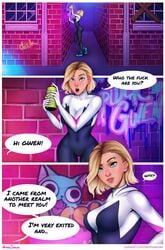 aroma_sensei bodysuit breasts buckteeth comic eyebrow_piercing gwen_stacy gwen_stacy_(spider-verse) marvel speech_bubble spider-gwen spider-man:_into_the_spider-verse spider-man_(series) superhero superhero_costume superheroine text waifunator_3000