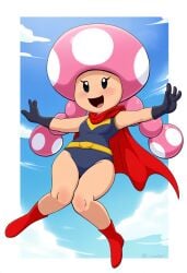 aged_up ai_generated boots cape female_focus flying gloves leotard mario_(series) mushroom_humanoid nintendo novelai pink_hair sky super_mario_bros. superhero_costume toadette twin_braids voluptuous_female