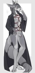 absurd_res anthro bondage bondage bound clothing coat eyewear femboy ferka genitals glasses hair hi_res horn long_hair long_tail male penis restraints rope rope_bondage rope_harness sahash shy small_penis solo tail the_crown_of_leaves tja topwear