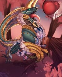 absurd_res asian_mythology capcom dragon duo east_asian_mythology eastern_dragon fanged_wyvern glasswalker hi_res kirin_(monster_hunter) knot male monster_hunter mythology orgasm roaring size_play tree video_games yaoi zinogre