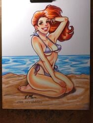 beach beach_background bikini bra bracelet bracelets curvy curvy_female curvy_figure em_scribbles feet ginger lips lipstick orange_hair pinup pinup_girls pinup_pose swimsuit tagme traditional_art traditional_media traditional_media_(artwork) voluptuous voluptuous_female