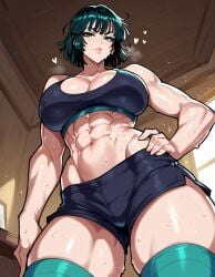 abs ai_generated bare_shoulders cleavage female floppydisc from_below fubuki_(one-punch_man) green_eyes green_hair green_thighhighs heart highres large_breasts lips looking_down muscular muscular_female novelai one-punch_man short_hair short_shorts solo stable_diffusion thick_thighs thighhighs