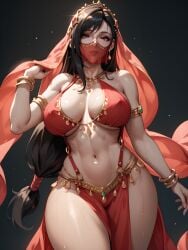 1girls ai_generated big_breasts black_hair cleavage dancer_outfit eogard_orc exotic_dancer face_veil final_fantasy_vii_remake gold_jewelry long_hair looking_at_viewer oiled oiled_skin red_clothing red_eyes self_upload square_enix stable_diffusion thick_thighs tifa_lockhart veil