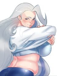 ahoge ass belly blue_bra blue_eyes blush bra breasts clothes_lift clothing curvaceous earrings female female female_only grey_hair huge_breasts jewelry kukumomo large_breasts lips long_hair looking_at_viewer looking_back mature_female melony_(pokemon) nail_polish pants plump pokemon pokemon_(game) pokemon_sword_&_shield shirt shirt_lift simple_background smile solo sweater sweater_lift thick_thighs thighs underwear undressing very_long_hair white_background white_shirt white_sweater