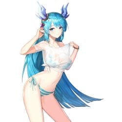 arm_up armpits artist_request bikini blue_bikini blue_eyes blue_hair breasts closed_mouth clothes_pull collarbone contrapposto cowboy_shot crop_top dragon_girl dragon_horns female hair_ornament halterneck horns king's_raid laias_(king's_raid) large_breasts long_hair looking_at_viewer monster_girl navel no_pants official_art pointy_ears reptile_humanoid see-through_clothes shirt shirt_pull short_sleeves side-tie_bikini_bottom side-tie_shirt sidelocks smile solo standing stomach string_bikini striped_bikini striped_clothes swimsuit thighs transparent_background very_long_hair wet wet_clothes wet_shirt white_shirt