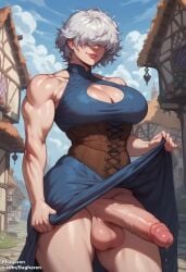 1futa 1girls ai_generated bagharen bare_shoulders big_balls cleavage_cutout corset dress fantasy futanari hair_over_eyes huge_cock large_breasts large_penis lifting_skirt muscular_futanari original original_character precum self_upload seren_(bagharen) short_hair smile testicles thick_thighs white_hair wide_hips