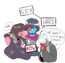 absurd_res anthro big_breasts blush bovid breasts caprine clothed clothing deltarune english_text eyewear female fur glasses goat group group_sex hi_res horn huge_breasts human imminent_sex kinkykong kris_(deltarune) male mammal nipple_outline nipples purple_body ralsei reptile scalie scarf sex susie_(deltarune) text threesome trio undertale_(series) white_body