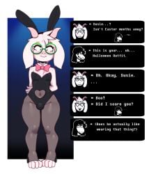 bovid bow_(feature) bow_in_front bow_tie bulge bunny_costume caprine clothing costume cutout deltarune dialogue english_text expression_avatar eyewear fake_ears fake_rabbit_ears female femboy fur gameplay_mechanics glasses goat halloween heart_clothing heart_cutout heart_symbol hi_res holidays inner_monologue leotard male male_focus mammal name_drop name_in_dialogue navel_cutout pink_eyes playboy_bunny ralsei reptile scalie somescrub susie_(deltarune) tagme text text_box undertale_(series) white_body white_fur