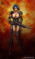 1girls abs armor big_breasts blue_hair casual doom doom_slayer_(doom) double-barreled_shotgun fasslayer female female_focus female_only firearm genderswap_(mtf) gun huge_breasts human looking_at_viewer muscular_female rule_63 serious short_hair shotgun solo solo_female solo_focus thick_thighs thighs tight_clothing weapon