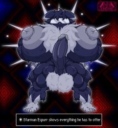 abs abstract_background absurd_res annaengine anthro areola arm_hair arm_tuft balls barazoku barefoot biceps big_areola big_balls big_breasts big_muscles big_nipples big_penis blue_body blue_fur blue_penis body_hair breast_tuft breasts busty_boy_(lore) butt_hair cheek_tuft chest_hair chest_tuft claws clothed clothing crossover digital_drawing_(artwork) digital_media_(artwork) ear_markings earthbound_(series) english_text erection espurr eyewear facial_tuft fan_character feet felid feline fluffy fluffy_balls fluffy_breasts fluffy_chest foreskin front_view fur fur_markings fusion generation_6_pokemon genitals glasses glowing glowing_body grey_areola grey_nipples gynomorph hair hairy_breasts hands_on_hips happy_trail head_tuft hi_res huge_areola huge_breasts huge_muscles huge_nipples humanoid_genitalia humanoid_penis ineffective_clothing intersex leg_tuft male_(lore) mammal markings multicolored_body multicolored_fur muscular muscular_anthro muscular_arms muscular_gynomorph muscular_intersex muscular_legs muscular_thighs nintendo nipples nude penis pokemon pokemon_(species) pose psychic psychic_energy psychic_powers pubes saggy_balls serious shoulder_tuft solo spread_legs spreading standing starman sunglasses text text_box toe_claws tuft two_tone_body two_tone_fur visor white_body white_body_hair white_fur white_hair white_pubes