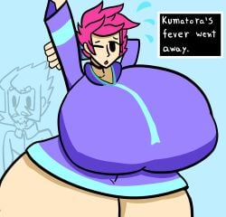 2024 breasts chillfab duster_(mother) hoodie hyper_breasts kumatora mother_(series) mother_3 nintendo pink_hair short_hair sweat text thick_thighs thighs