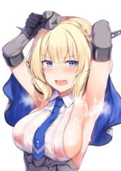 areolae armpit_fetish armpits arms_up blonde_hair blue_eyes blush bob_cut braid breasts cai_geng capelet colorado_(kantai_collection) commentary_request covered_nipples cum cum_on_body cum_on_upper_body elbow_gloves eyebrows_visible_through_hair female french_braid gloves hat kantai_collection large_breasts mini_hat necktie nipples open_mouth see-through shirt short_hair side_braid sideboob simple_background sleeveless sleeveless_shirt solo sweat underbust upper_body white_background