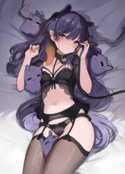 1girls bed_sheet belly_button black_bra black_panties blue_eyes bra breasts fan_mascot_(vtuber) female female_only garter_belt garter_straps hololive hololive_english hololive_myth koahri light-skinned_female light_skin ninomae_ina'nis octopus_girl octopus_tentacle on_bed panties pillow purple_hair small_breasts solo takodachi_(ninomae_ina'nis) tentacle thighhighs virtual_youtuber