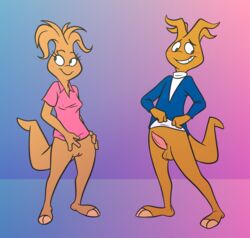 alien balls blush bottomless clothed clothing duo embarrassed erection female fur hi_res ladysomnambule male nanosec_(learning_voyage) parsec_(learning_voyage) presenting pussy shy simple_background smile standing