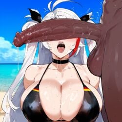 ai_generated azur_lane big_cock big_penis black_cock black_dick dark-skinned_male large_breasts prinz_eugen_(azur_lane) swimsuit teasing white_hair