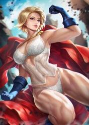 1girls absurdres armpit blonde_hair blue_eyes blue_gloves bra breasts bridal_lingerie bustier cape cleavage clouds dc dc_comics female female_only gloves highres human karen_starr large_breasts lingerie muscle muscular_female muscular_thighs navel neoartcore panties power_girl solo superman_(series) thick_thighs thighs thong veiny_muscles white_bra white_panties