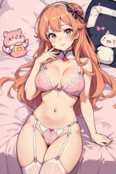 ai_generated anime_style cameltoe cute lingerie pink_lace red_hair stuffed_animal white_stockings