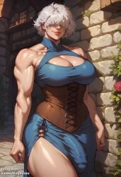 1futa 1girls ai_generated bagharen bare_shoulders big_bulge cleavage_cutout corset dress fantasy futanari hair_over_eyes large_breasts large_penis muscular_female penis_bulge penis_outline self_upload seren_(bagharen) short_hair smile thick_thighs white_hair wide_hips