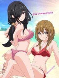 2d 2d_(artwork) 2girls ass beach belly bikini black_hair breasts brown_hair date_a_live dulcenekoemilia light-skinned_female looking_at_viewer medium_hair red_eyes thighs tokisaki_kurumi