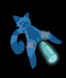 anthro blue_body blue_eyes blue_skin cat_tail cub cube_head felid feline female feral furroneta genitals hair hi_res mammal neon neon_eyes penis simple_eyes simple_face solo young