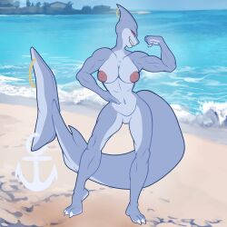 big_areola big_nipples breasts flexing furry galafoxlitten muscles muscular muscular_female nipples nude_beach nude_female piercing piercings shark shark_fin shark_girl shark_humanoid shark_tail shark_teeth sharp_teeth