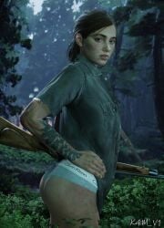 1girls 3d calvin_klein ellie_(the_last_of_us) ellie_williams green_eyes gun hands_on_hips k4m_v1 looking_at_viewer public rifle solo sulfatadoh tagme tattoo the_last_of_us the_last_of_us_2 thong