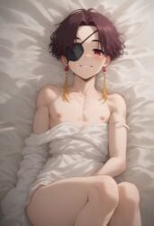 1boy 1femboy ai_generated bare_shoulders bed bedroom big_ass big_ass_(male) big_butt big_butt_(male) blush brown_hair cute cute_male earrings eyepatch femboy femboy_focus femboy_only gown grin half-closed_eyes hayato_suo indoors knees_up legs_together looking_at_viewer lying lying_on_back lying_on_bed male male_focus male_only nipples red_earrings red_eyes short_hair smile smiling smiling_at_viewer solo solo_femboy solo_male suo_hayato tassel tassel_earrings teeth thick_ass thick_thighs trap twink white_gown wind_breaker