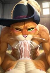 abs ai_generated anthro anthro_male balls barn biceps big_penis blowjob blush cum_in_mouth deepthroat dreamworks ejaculation feline furry gay green_eyes hat looking_at_viewer male male/male male_only muscular muscular_male nude_male orange_fur penis_in_mouth puss puss_in_boots_(dreamworks) toned_body toned_male twall97 wink winking winking_at_viewer