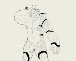 anthro balls bara barazoku beard facial_hair flaccid hunter-husky male male_only marine monochrome muscles muscular my_hero_academia penis penis_out seal selkie_(my_hero_academia) solo solo_male spotted_seal wetsuit