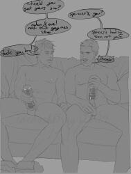 2024 brother_and_brother brothers closed_eyes english_text facial_hair fleshlight grayscale incest kinktober laughing masturbating masturbation nipples nude teasing yaoi