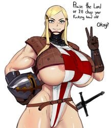 1girls abs aka6 areolae armor breasts cleavage crusader english_text female female_only huge_breasts looking_at_viewer muscular_female peace_sign religion seductive smile solo sword text thick_thighs threatening v violence