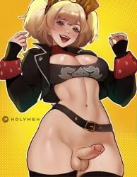 1futa 2d 2d_(artwork) abs belt blonde_hair bottomless breasts burnice_white futa_focus futa_only futanari holymeh jacket jacket_open large_breasts looking_at_viewer penis precum precum_drip simple_background solo solo_focus zenless_zone_zero