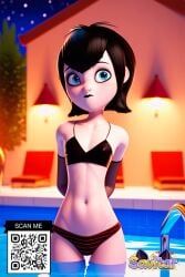 3d 3d_render ai_generated arms_behind_back bikini black_bikini black_hair black_lips blue_eyes clothing elbow_gloves female female gloves hotel_transylvania littlehentai looking_at_viewer makeup mavis_dracula navel pantsu pool savitar savitar_(artist) short_hair solo striped striped_bikini swimsuit underwear wading water