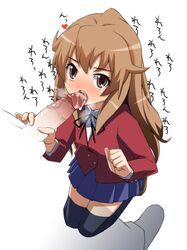 1girls aisaka_taiga blush brown_eyes brown_hair clothing cum dick fellatio kneeling licking long_hair oral penis precum skirt solo stockings thighhighs toradora! uncensored veiny_penis watarabe_keiichi zettai_ryouiki