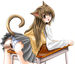 animal_ears bent_over blush brown_eyes cat_ears censored copyright_request cum cum_inside desk doggy_style highres long_hair looking_back panties panties_aside penis pointless_censoring pussy_juice school_uniform sea_lounge_garden serafuku sex skirt tail tears tomoya_kankurou underwear upskirt vest white_panties