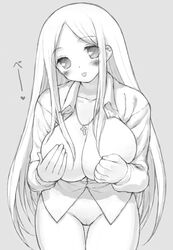 blush bottomless breasts censored cleavage copyright_request huge_breasts long_hair monochrome mutsutake open_clothes open_shirt pussy shirt sketch tongue uncensored