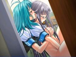 ahoge akiyama_miho antenna_hair aqua_hair blush body_transfer bottomless braid breast_grab breast_hold breasts classroom closed_eyes desk ear_lick ear_licking erect_nipples female game_cg glasses grey_eyes grey_hair groping jpeg_artifacts licking long_hair masturbation multiple_girls nikutai_ten'i nikutai_teni nipples nobu_toshi open_mouth sakajou_hikaru school_uniform serafuku shirt_lift straight_hair sweat tongue very_long_hair voyeurism yuri