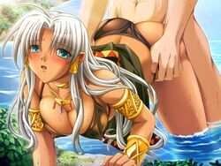 bikini blue_eyes blush breasts dark_skin doggy_style earrings erect_nipples female from_behind game_cg gedou_yuusha ilfa_(gedou_yuusha) jewelry large_breasts long_hair necklace nomad_(artist) see-through sex silver_hair source_request sweat swimsuit torso_grab water