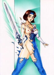 1girls areolae breasts brown_eyes brown_hair chai_xianghua enf erect_nipples female female_only hairband innie_pussy kitamura_(bamboo) large_breasts lost_clothes nipples pointy_chin pussy shaved_crotch shaved_pussy short_hair soul_calibur sword torn_clothes uncensored wardrobe_malfunction weapon