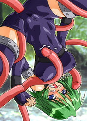 anal artist_request blue_eyes blush bodysuit consensual_tentacles copyright_request covered_breasts covered_nipples cum erect_nipples erect_nipples_under_bodysuit erect_nipples_under_clothes facial fingerless_gloves gloves green_hair highres nipples_visible_through_clothing penetration spandex suspension tears tentacle tentacle_under_clothes thighhighs through_clothes upside-down