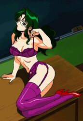 90s gals_panic_(series) gals_panic_s2 game_cg garter_belt garters glasses green_hair kaneko_seisakusho lace-trimmed_bra lace-trimmed_panties lingerie long_hair lowres navel panties solo teacher thighhighs underwear underwear_only very_long_hair