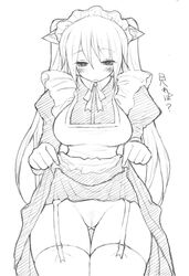 animal_ears apron blush breasts cat_ears censored copyright_request garter_belt hips large_breasts maid monochrome mutsutake no_panties pussy sketch skirt skirt_lift thighhighs wide_hips