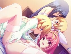 alice_fon_rozenbrow alice_von_rozenblau blush censored elbow_gloves female fingering game_cg gloves haruna_mio lilice_fon_rozenbrow lilith_von_rozenblau multiple_girls nagato_ai panties sensei_daisuki_2 thighhighs through_panties tongue underwear yatsuha_kanan yuri