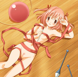 artist_request baton blush breasts brown_eyes censored club entangled flat_chest gymnastics hoop juggling_club lying mahou_sensei_negima! naked_ribbon nude on_back pink_hair pussy rhythmic_gymnastics ribbon ribbon_baton ribbons sasaki_makie short_hair weapon