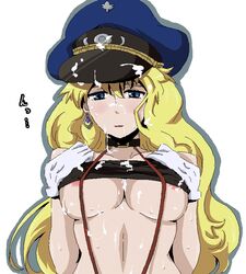 blonde_hair blue_eyes blush breasts choker clothing cum cum_on_body cum_on_breasts cum_on_clothes cum_on_upper_body facial gloves hat large_breasts macross macross_frontier nipples peaked_cap sheryl_nome sima suspenders tubetop underboob