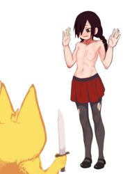 1girls black_hair blush female flat_chest funamusea knife mogeko mogeko_castle scared threatening topless yonaka_kurai