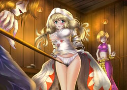 3girls arms_behind_back blonde_hair blood blue_eyes blush bondage box_tie breasts candle celia crotch_rope cry dildo female female_only final_fantasy final_fantasy_tactics highres humiliation large_breasts lettie monikano multiple_girls panties predicament_bondage pussy_juice rope rope_walking skirt skirt_lift tears torn_clothes torture underwear whip white_mage white_mage_(fft) white_panties