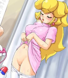 1boy 1girls blonde_hair blue_eyes blush breasts closed_eyes clothed clothed_female clothing doctor dr._mario dr._mario_(series) dress_lift earrings faceless_male female female_focus hair human konpeto long_hair lowres male mario mario_(series) megavitamin navel nintendo no_panties nurse nurse_peach open_mouth pantyhose princess_peach pussy skirt solo_focus straight_hair sweat uncensored vibrator white_legwear white_pantyhose